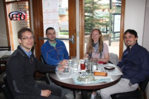 Harald Oberhofer, Noa, Thomas Körzdörfer, and Oliver Hofmann having lunch in Mountain Village (photo taken by Claudia Draxl)